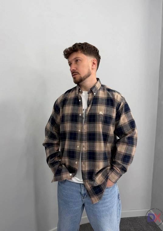 Сорочка чоловіча в клітинку (бежевий/синій) з коміром button-down та вишивкою